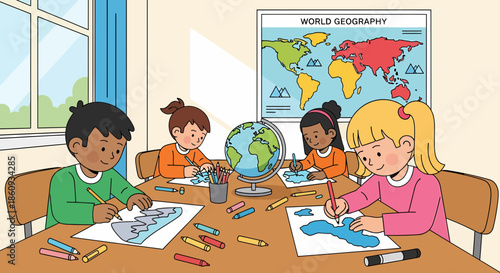 Diverse Children Exploring Geography Together in School Classroom Setting