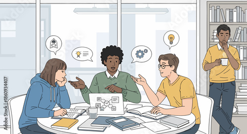 Diverse Students Collaborating On Project In Modern Study Environment