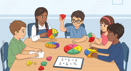 Diverse Pupils Engaging With Fraction Games In Classroom Learning