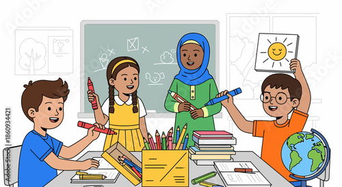 Diverse Pupils Engaged In Creative Classroom Activities With Teacher