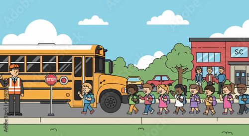 Diverse Students Boarding School Bus Safely With Crossing Guard