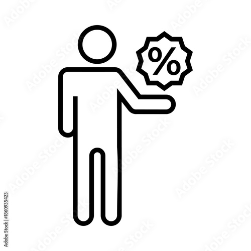 Outline icon of a human figure extending an arm with a percentage symbol, representing discount, sale, interest rate, or financial reduction for business and digital interface use.