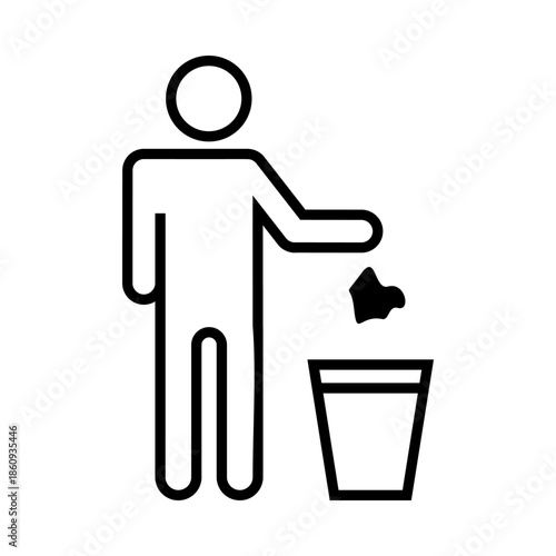 Clean line icon of a person disposing waste into a trash bin, suitable for cleanliness campaigns, recycling concepts, public signs, environmental awareness, and hygiene visuals.