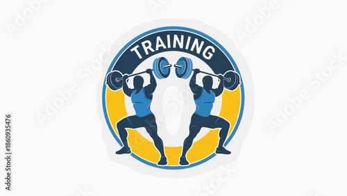 Two men lifting weights in a circular emblem for training.