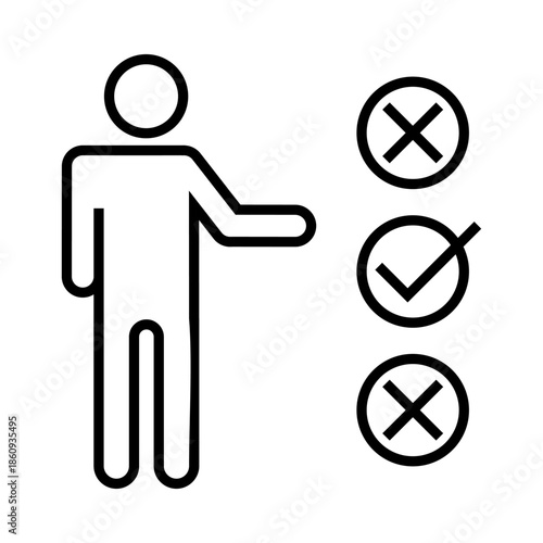 Simple human pictogram pointing toward approval and rejection symbols, representing choice, evaluation, selection, or decision-making concepts in visual communication.