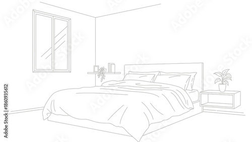 Minimalist line art sketch depicting a beautifully made modern bedroom featuring a large comfortable bed and natural light from a nearby window