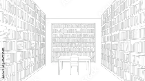 Detailed line art illustration of a vast library interior featuring towering bookshelves packed with books and a central study table with one chair waiting for use.