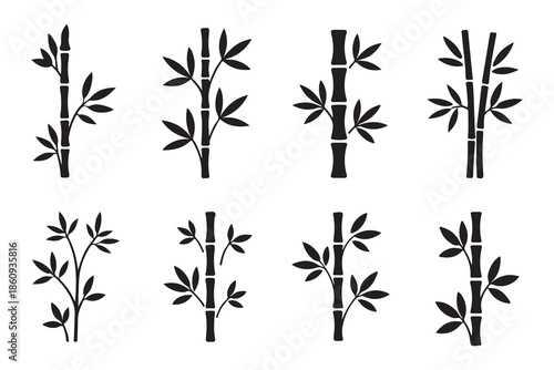 Set of black bamboo stalks vector illustration isolated on white background, various bamboo shoots with leaves
