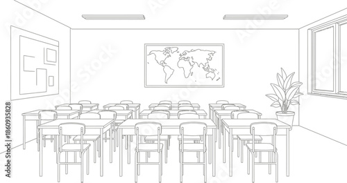 Empty classroom interior drawing featuring rows of student desks chairs and a prominent world map illustration hanging on the back wall