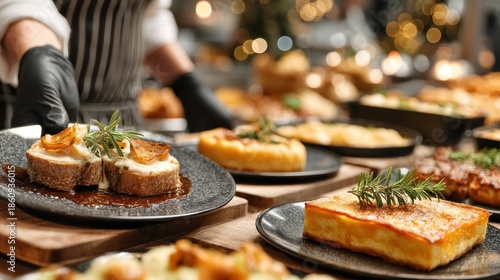 A variety of gourmet dishes are served on dark plates at a buffet, showcasing delectable food presentations.