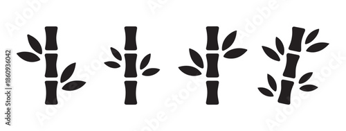 Set of four simple black bamboo stalks with leaves icons isolated on white background depicting natural growth and decor