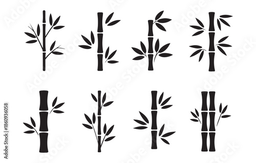 Collection of eight different stylized black silhouette icons representing bamboo stalks with leaves isolated on white background