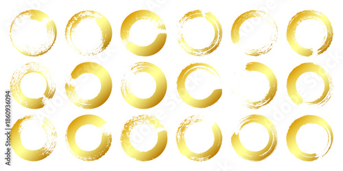 Golden grunge circles, brush strokes, lines, ink smudges, hand-drawn scribble shapes. Handmade sketchy marks, acrylic stains, charcoal streaks. Paint textures, dry brush effect. Vector illustration