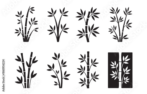 Set of black bamboo plants vector illustration isolated on white background, bamboo shoots with leaves decorative element