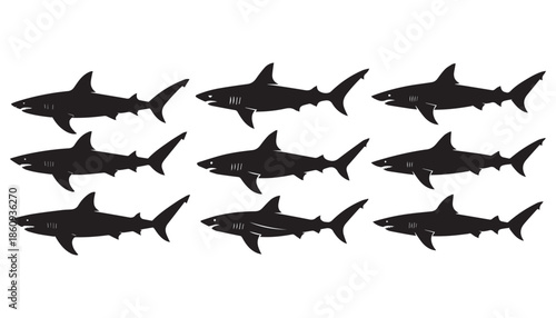 black color shark set of silhouette vector illustration, solid white background