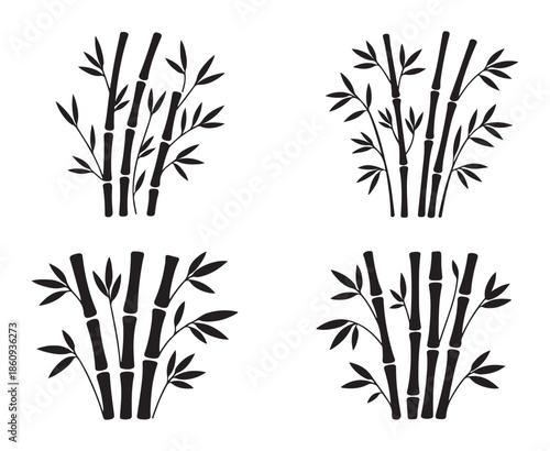 Set of various black bamboo bundles vector illustration isolated on white background, multiple shoots with leaves