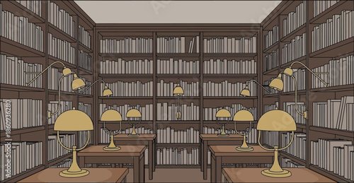 Empty reading room illustration showcasing rows of tall wooden bookshelves densely packed with books illuminated by vintage brass desk lamps.