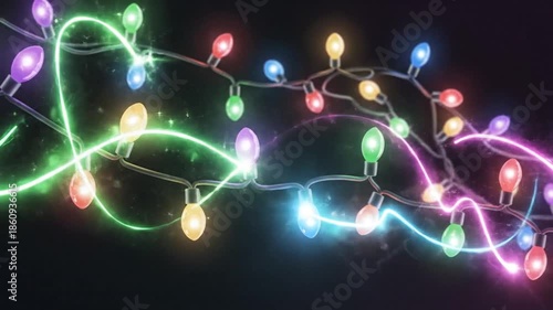 A vibrant, colorful string of festive lights, against a dark, blurred background