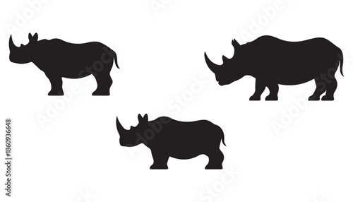black color Rhinoceros set of silhouette vector illustration, solid white background