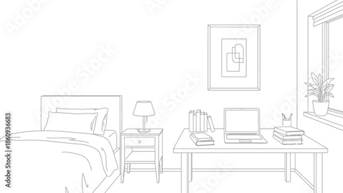 Simple black and white line art drawing of a modern bedroom featuring a neatly made bed and a functional desk setup for working or studying.