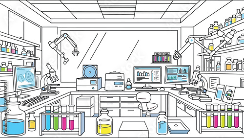Modern science laboratory setting equipped with advanced technology including robotic arms microscopes computers and various colorful chemical solutions for research