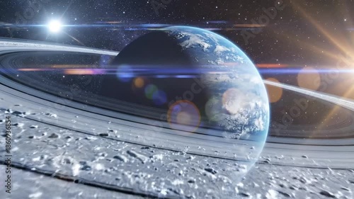 A vibrant cosmic scene shows a ringed planet with an Earth-like appearance, in a starlit space