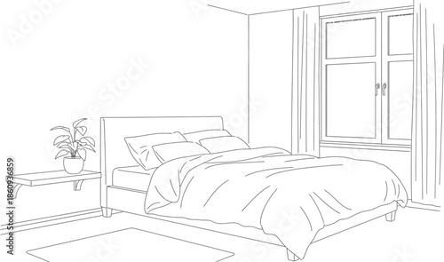 Simple black and white line art drawing depicts a cozy modern bedroom setup featuring a neatly made bed with pillows and soft duvet next to a window.