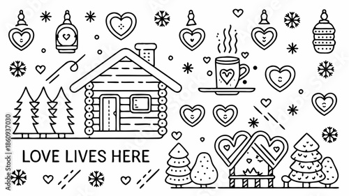 Cozy winter cabin scene with hearts and trees