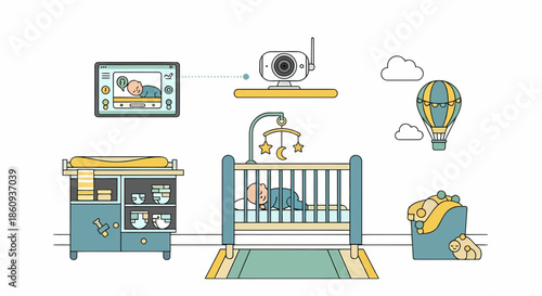 Baby Nursery Setup With Surveillance Camera and Hot Air Balloon