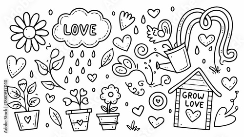 Whimsical garden illustration with heart and love theme