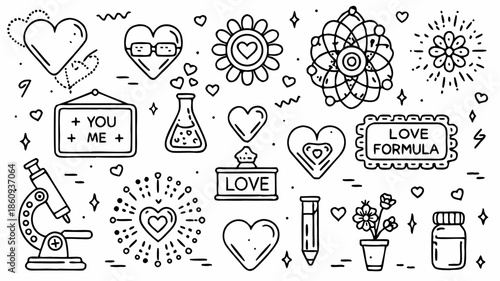 Charming line art love symbols and science elements