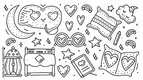 Whimsical heart themed dream journal illustrations for lovers