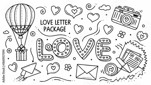 Romantic love letter package with hearts and gifts