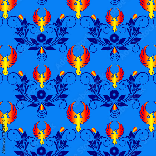"Ornate Seamless Pattern with Rising Phoenix Firebirds and Navy Damask Floral Accents on Blue Background"