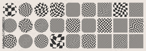 Groovy checkered pattern, colorful tiled grid. Vintage wavy curved backdrop, distortion effect. Funky geometric chessboard texture, retro background in 90s style, y2k. Vector illustration