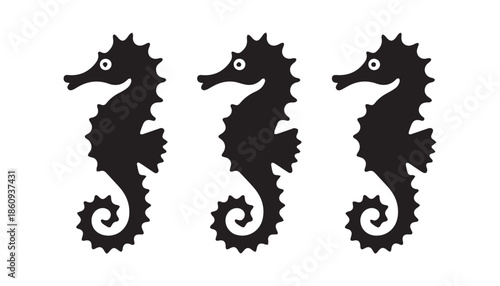 black color seahorse set of silhouette vector illustration, solid white background