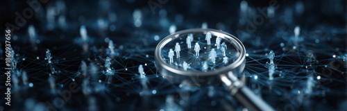 Magnifying glass with a metallic handle and clear glass lens hovering over a digital network of interconnected human icons, representing data analysis and social connections