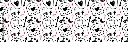 Whimsical potion bottles with hearts and magic symbols