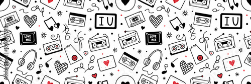 Retro music symbols seamless pattern with cassette tapes and hearts