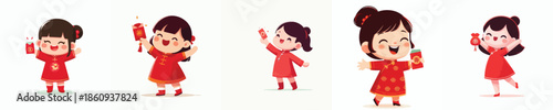 vector of a happy little girl stand holding a Chinese New Year red envelope