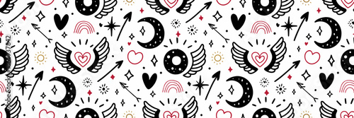 Whimsical celestial pattern with hearts and wings on white