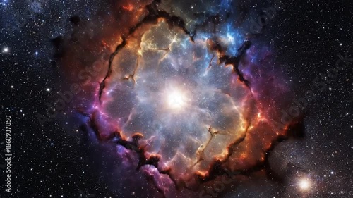 A vibrant nebula, encircled by dark, jagged formations, glows brightly amidst a star-filled cosmos