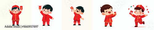 vector of a happy little boy stand holding a Chinese New Year red envelope