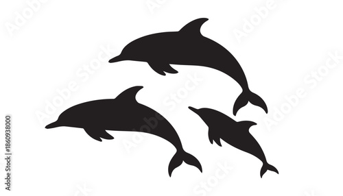 black color dolphin set of silhouette vector illustration, solid white background