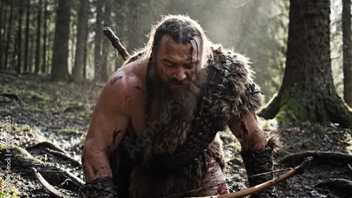 A weary warrior emerges from a struggle in a dark forest, covered in mud and blood