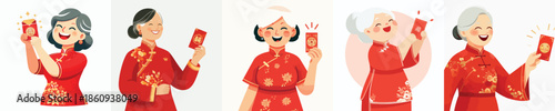 vector half body of a happy grandmother holding a Chinese New Year red envelope