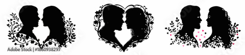 Romantic couple silhouettes with floral heart designs