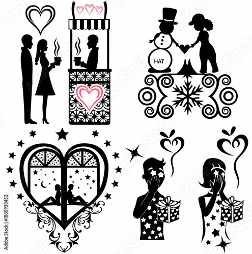 Romantic couple silhouettes with hearts and gifts