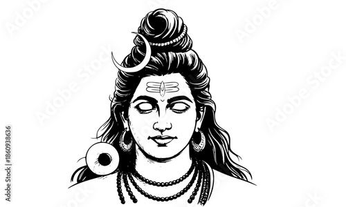 Black Line Art Illustration of Lord Shiva Face with Crescent Moon Third Eye and Serpent, Traditional Hindu God Mahadev Symbol, Spiritual Meditation Vector Design