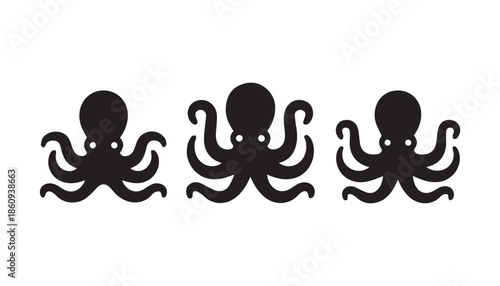 black color octopus set of silhouette vector illustration, solid white background